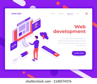 Web development teamwork people and interact with site. Landing page template. 3d isometric vector illustration.