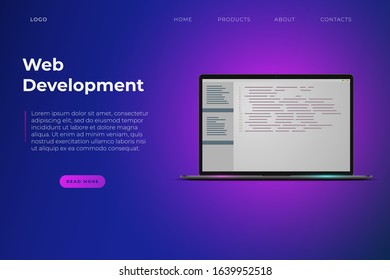 Web development themed website page template. Development of software and mobile app. Program code on laptop