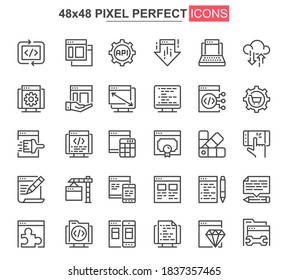 Web development thin line icon set. Application programming outline pictograms for web and mobile app GUI. Software development simple UI, UX vector icons. 48x48 pixel perfect pictogram pack.