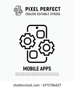 Web development thin line icon. Mobile app. Cogwheels on smartphone screen. Pixel perfect, editable stroke. Vector illustration.