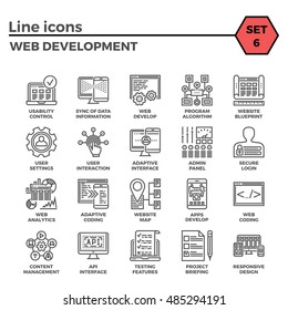 Web Development Thin Line Related Icons Set of Web Design and Website Customization on White Background. Simple Mono Linear Pictogram Pack Stroke Vector Logo Concept for Web Graphics.