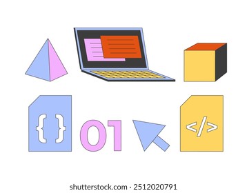 Web development tools 2D cartoon objects set. Software making. Application creation with modern technology isolated elements flat vector cliparts on white background. Spot illustrations collection