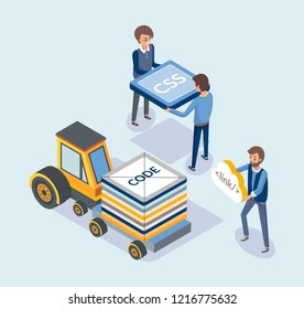 Web development and transport, coding concept vector. People loading vehicle with codes and css language scripts. Optimization and improvement sites