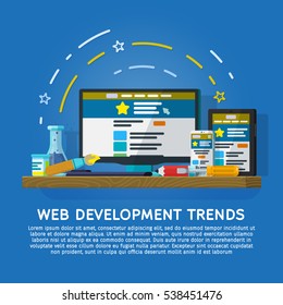 Web Development Trends for 2017 vector banner. Monitor, tablet and smartphone in a flat style. User interface on digital tablet and on mobile phone. Devices on a wooden table. Vector illustration