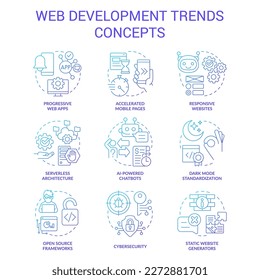 Web development trends blue gradient concept icons set. Website production. Online business future idea thin line color illustrations. Isolated symbols. Roboto-Medium, Myriad Pro-Bold fonts used