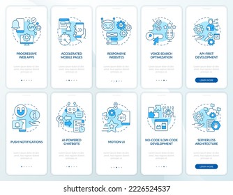 Web development trends blue onboarding mobile app screen set. Walkthrough 5 steps editable graphic instructions with linear concepts. UI, UX, GUI template. Myriad Pro-Bold, Regular fonts used