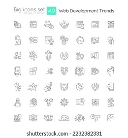 Tendencias de desarrollo web ajuste de iconos grandes lineales. Experiencia de usuario. Innovaciones en sitios web. El futuro de la tecnología digital. Símbolos de línea delgada personalizables. Ilustraciones aisladas del contorno vectorial. Trazo editable