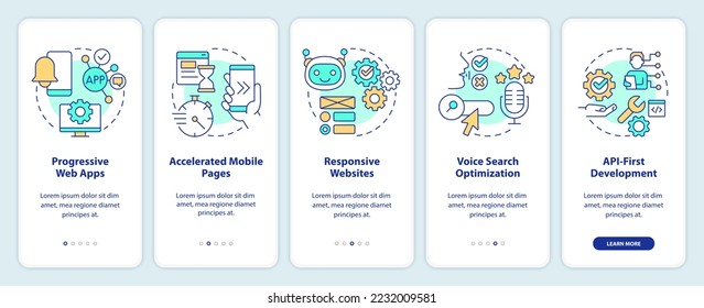 Tendencias de desarrollo web a bordo de la pantalla de aplicaciones móviles. Recorrido de la industria digital 5 pasos instrucciones gráficas editables con conceptos lineales. UI, UX, plantilla GUI. Multitud de tipos de letra Pro-Bold, con uso regular