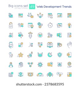 Web development trends RGB color big icons set. Website production future. Digital technology tendency. Isolated vector illustrations. Simple filled line drawings collection. Editable stroke