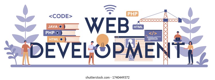 Web development typographic header concept. Coding, testing and writing program for website, using internet and different software. Website development . Isolated vector illustration