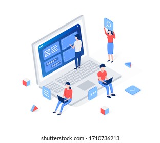 Web development, ui or ux isometric concept. Small people work on a laptop, write program code, developing web apps, electronic businesses, social network services. Trendy flat 3d isometric style. Vec