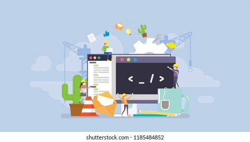 Web Development Under Construction Page Tiny People Character Concept Vector Illustration, Suitable For Wallpaper, Banner, Background, Card, Book Illustration, And Web Landing Page