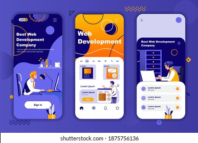 Web development unique design kit for social networks stories. Full stack software engineering, web design mobile screen templates. UI UX layouts vector illustration. GUI set with people characters.