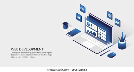 Web development & user interface design concept, isometric website development tools