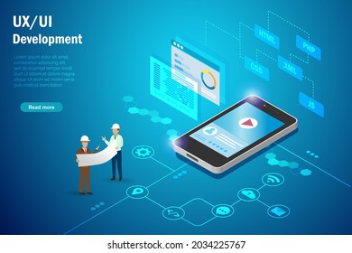 Web development , UX, UI desgin concept. Software engineers discussing on software coding and programming on application in smartphone devices with script language testing and graphical icons.