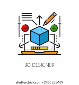 Stellenangebote in der Web-Entwicklung, 3D-Designer-Karriere, IT-Spezialist Job Linear Color Icon. Web-Interface-Entwicklung, IT-Technologie-Spezialist Job-Outline-Vektorgrafik-Symbol mit Laptop, Modellierung App-Interface