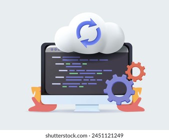 Web development vacancy, IT specialist job, cloud architect career 3D color icon. IT technology specialist, network app development 3D vector symbol with laptop, browser window and cloud