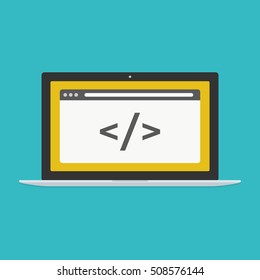 Web development vector concept. Laptop with open browser and coding symbol isolated on background. Vector flat icon