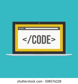 Web development vector concept. Laptop with open browser and coding symbol isolated on background. Vector flat icon