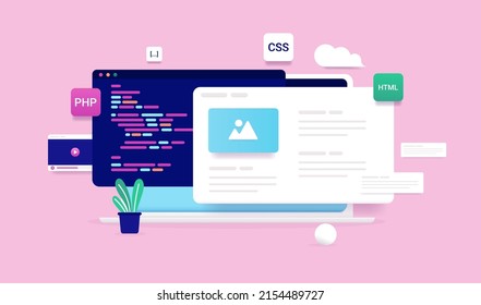 Web development vector illustration with laptop computer screen, abstract code and programming design elements