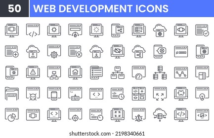 Conjunto de iconos de línea vectorial de desarrollo web. Contiene iconos de esquema lineales como Programación, Codificación, Navegador, SEO, Mantenimiento, Interfaz, Computadora, Análisis de datos, Diseño Web. Uso editable y trazo.