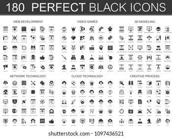 web development, video games, 3d modeling, network technology, cloud data technology, creative process black classic icon set.