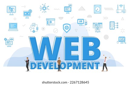 web development website concept with big words and people surrounded by related icon with blue color style
