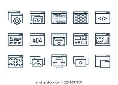 Web Development And Website Configuration Related Line Icon Set. Online Web Hosting And Website Content Linear Vector Icons.