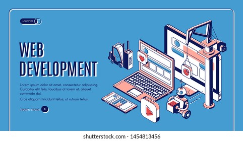 Web development, website construction landing page on retro colored background, building crane, forklift, robot put media icons on pc, laptop and smartphone screen. Isometric 3d vector line art banner