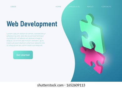 Web development website header template in light green tones, 3d puzzles illustration.