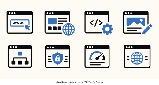 Web development and website management icons. Internet browser windows and SEO service symbols.