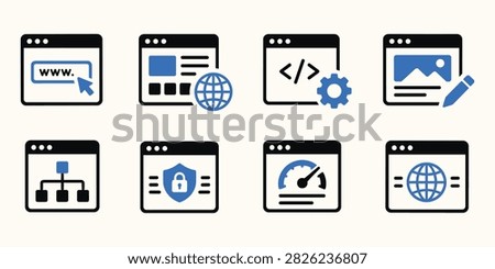 Web development and website management icons. Internet browser windows and SEO service symbols.