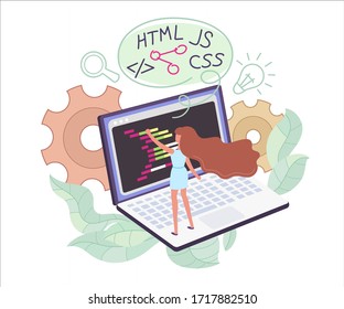 Web development. Website programming and coding. The woman is working on the backend in IDE on a laptop. Faceless flat concept illustration of creating a web page with floral elements and gears.