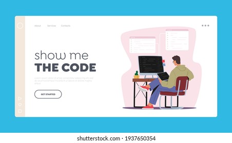 Web Development, Website Programming Landing Page Template. Programmer Male Character Working on Computer and Tablet Coding, Creating New Website, Software or Application,Cartoon Vector Illustration,