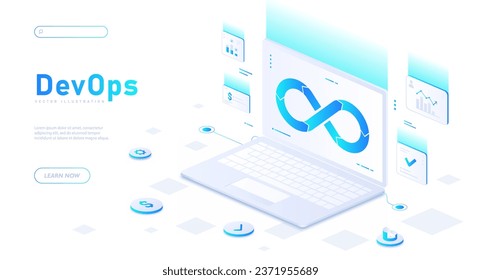 Web development white banner. DevOps system. Programming, coding and front end development. Modern technologies and innovations. Landing page design. Isometric vector illustration