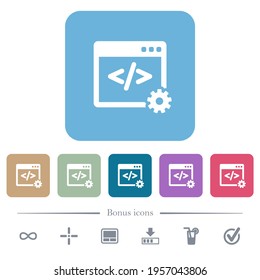 Web development white flat icons on color rounded square backgrounds. 6 bonus icons included