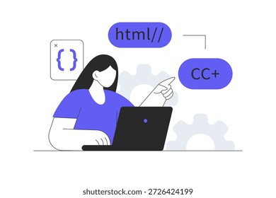 desarrollo del Web. Mujer que trabaja en el ordenador portátil, la codificación y la ingeniería, haciendo Configuraciones de aplicación. Ilustración vectorial plana de la historieta, icono Web elegante de la página de aterrizaje del diseño abstracto