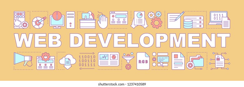 Web development word concepts banner. Graphic design. Programming. Computer science. Data analysis. Presentation. Isolated lettering typography idea with linear icons. Vector outline illustration