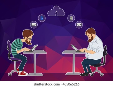 Web development in workplace and coworking. Social network and web development. UX designer and internet sharing. Web development technology. Character designer man in hackathon.