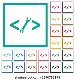 Web development with wrench flat color icons with quadrant frames on white background