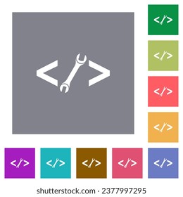 Web development with wrench flat icons on simple color square backgrounds