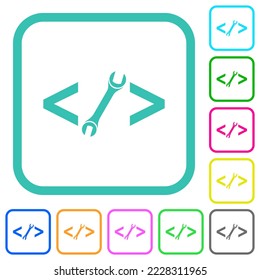 Web development with wrench vivid colored flat icons in curved borders on white background