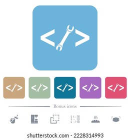 Web development with wrench white flat icons on color rounded square backgrounds. 6 bonus icons included