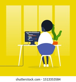 Web Development. Young Black Female Character Writing A Code On A Desktop Computer. Modern Technologies. Tech Industry. Startup. Flat Editable Vector Illustration, Clip Art