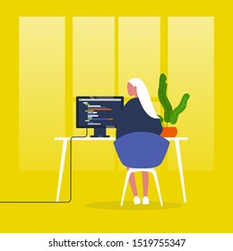 Web development. Young female character writing a code on a desktop computer. Modern technologies. Tech industry.  Flat editable vector illustration, clip art