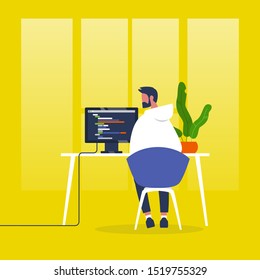 Web development. Young male character writing a code on a desktop computer. Modern technologies.  Flat editable vector illustration, clip art