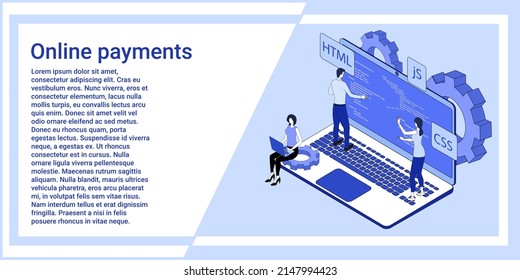 Web development.People are developing applications against the background of a large laptop.Web development.An illustration in the style of the landing page is blue.