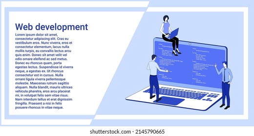 Web development.People program and code against the background of a large laptop.The concept of online development.The illustration in the style of the landing page is blue.