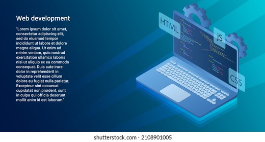 Web development.Programming languages on the background of a laptop with written code. A business-style poster.Flat vector illustration.