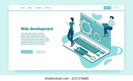 Web development.Software development.People on the background of a laptop.An illustration in the style of a green landing page.